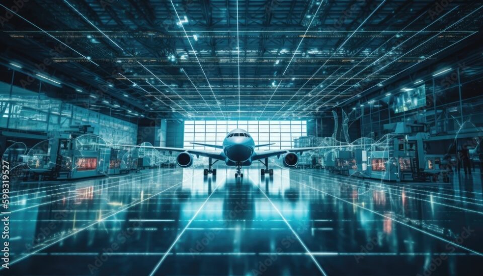 Business professionals collaborating with AI technology during digital transformation